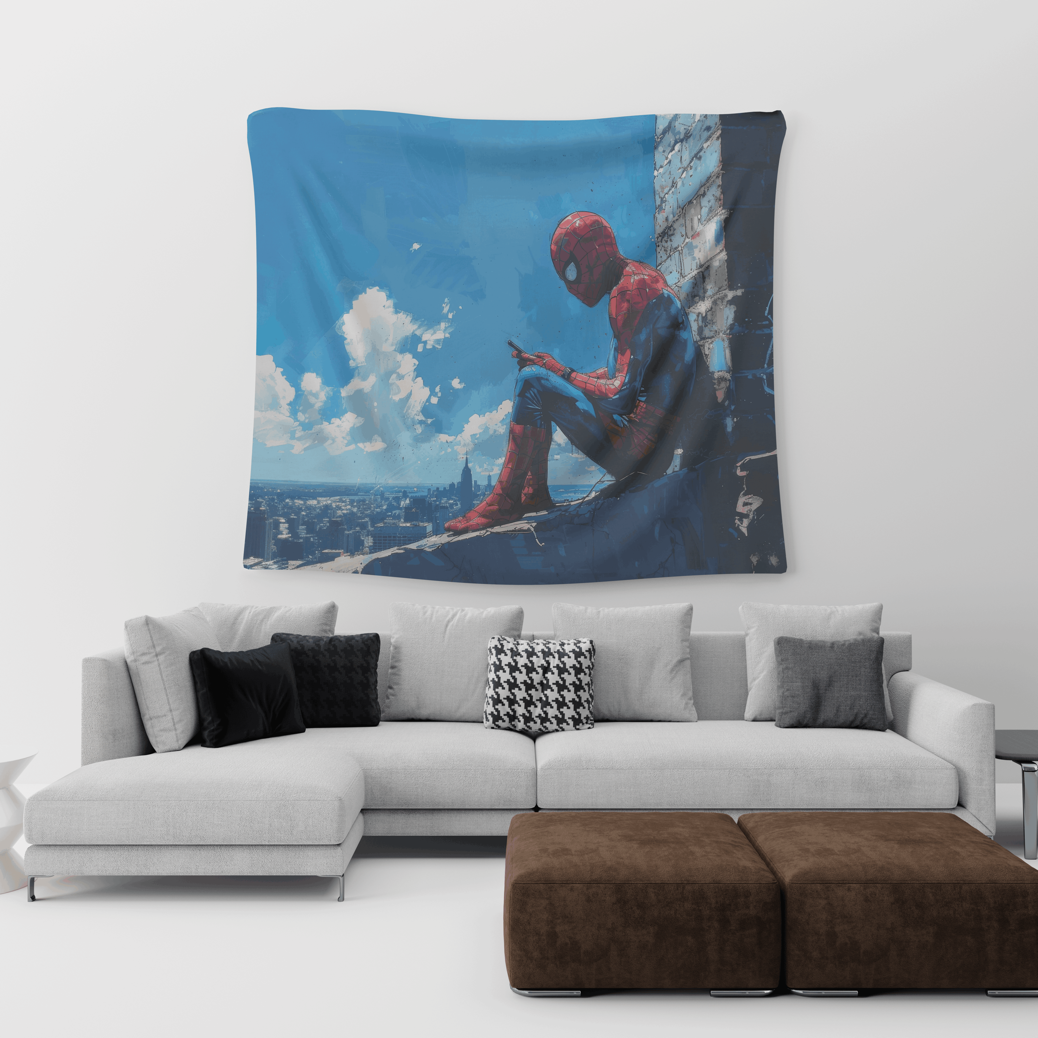 Spiderman Skyline – Blue City Tapestry